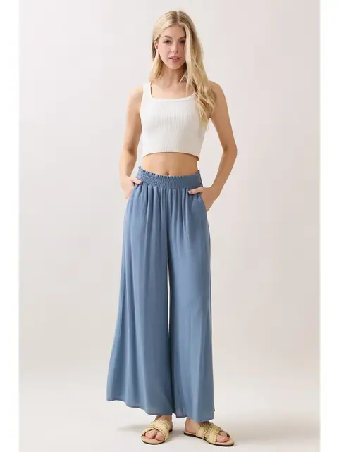 Waist Smocked Wide Leg Pants -  LT Blue Shadow