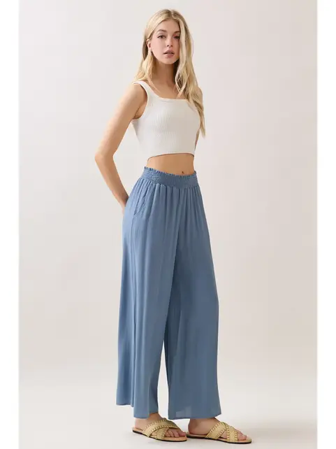 Waist Smocked Wide Leg Pants -  LT Blue Shadow