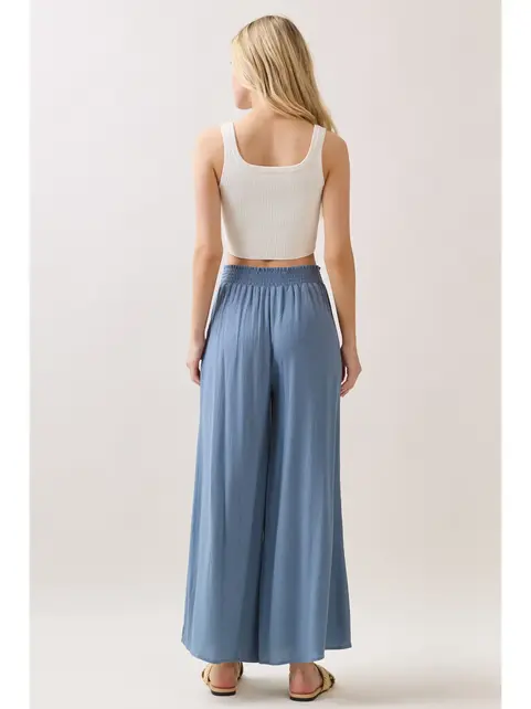 Waist Smocked Wide Leg Pants -  LT Blue Shadow