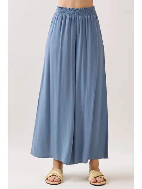 Waist Smocked Wide Leg Pants -  LT Blue Shadow