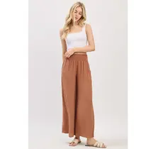 Waist Smocked Wide Leg Pants - Nutshell Brown