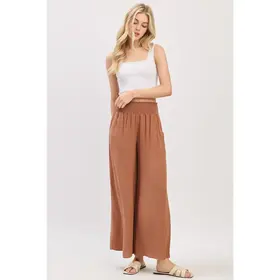 Waist Smocked Wide Leg Pants - Nutshell Brown