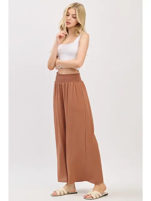 Waist Smocked Wide Leg Pants - Nutshell Brown