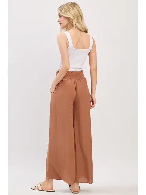Waist Smocked Wide Leg Pants - Nutshell Brown