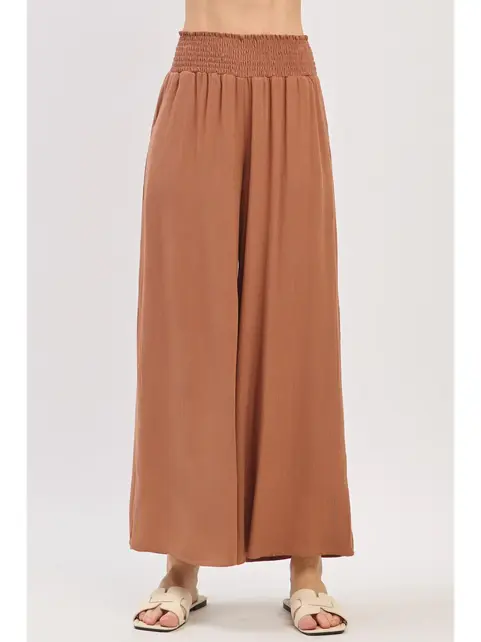 Waist Smocked Wide Leg Pants - Nutshell Brown