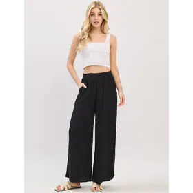 Waist Smocked Wide Leg Pants - Black