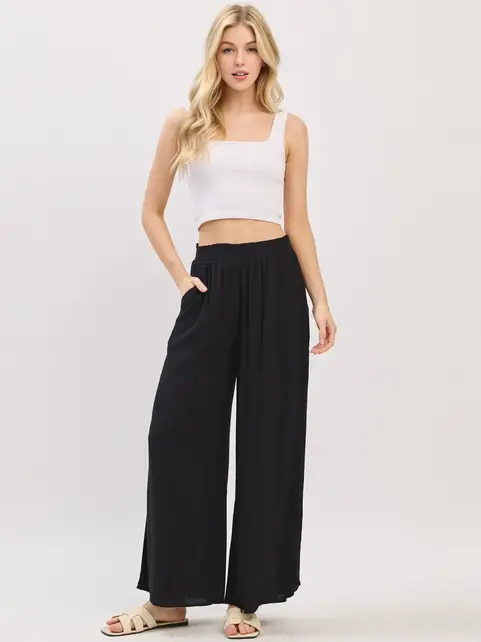 Waist Smocked Wide Leg Pants - Black