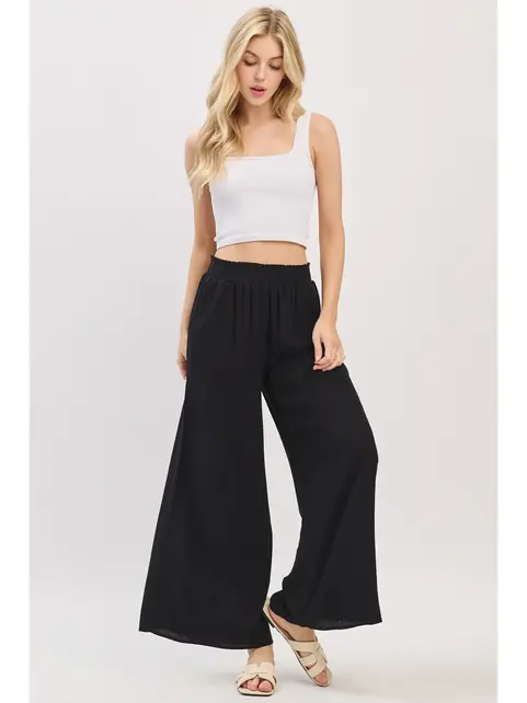 Waist Smocked Wide Leg Pants - Black