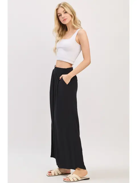 Waist Smocked Wide Leg Pants - Black