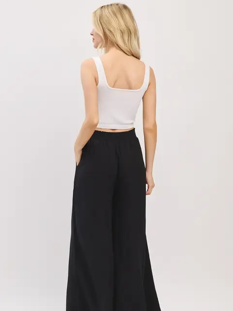 Waist Smocked Wide Leg Pants - Black