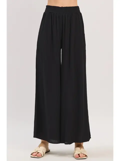 Waist Smocked Wide Leg Pants - Black