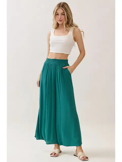 Waist Smocked Wide Leg Pants - Balsam Green