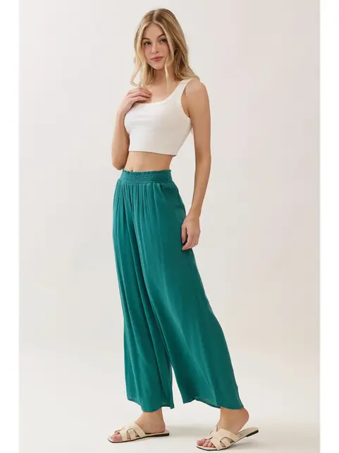 Waist Smocked Wide Leg Pants - Balsam Green