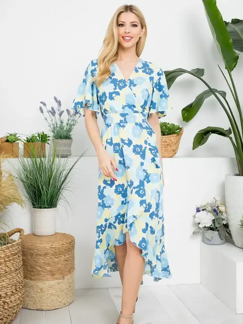 Aria Floral Faux Wrap Dress - Blue