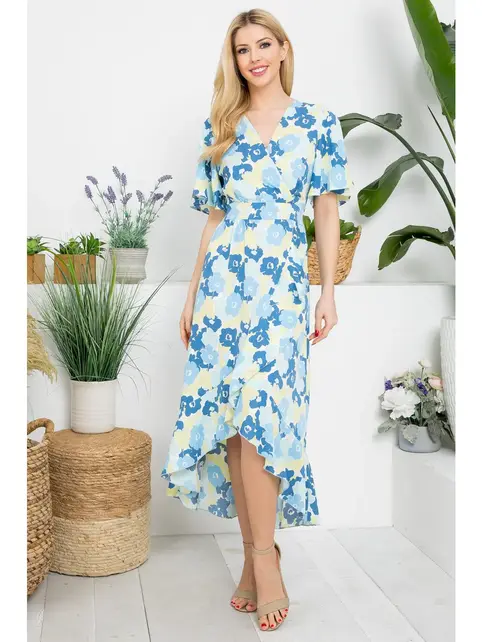 Aria Floral Faux Wrap Dress - Blue