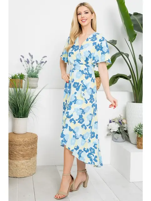 Aria Floral Faux Wrap Dress - Blue