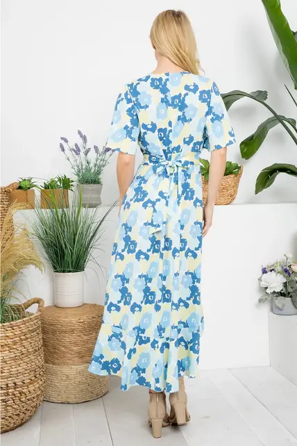 Aria Floral Faux Wrap Dress - Blue