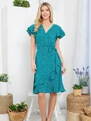 Flurries of Dots Print Faux Wrap Dress - Teal