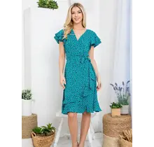 Flurries of Dots Print Faux Wrap Dress - Teal