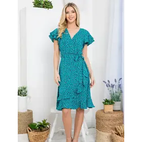 Flurries of Dots Print Faux Wrap Dress - Teal