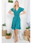 Flurries of Dots Print Faux Wrap Dress - Teal