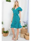 Flurries of Dots Print Faux Wrap Dress - Teal