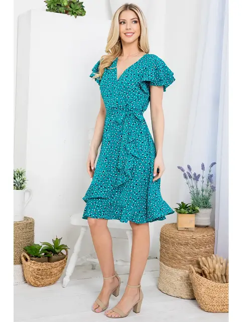 Flurries of Dots Print Faux Wrap Dress - Teal