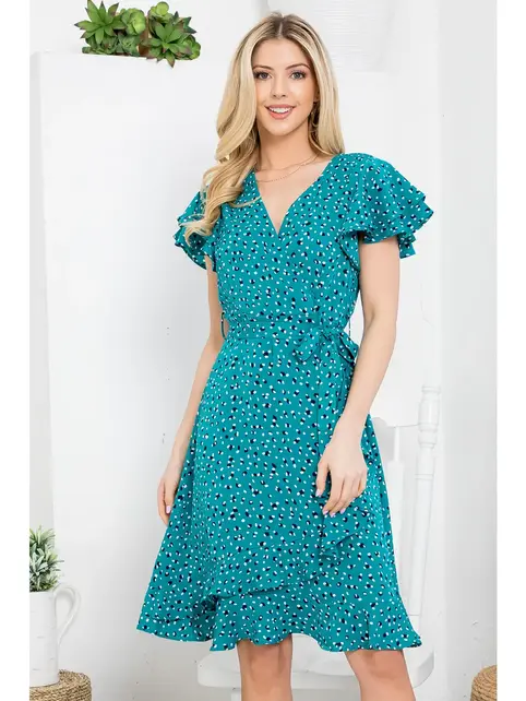 Flurries of Dots Print Faux Wrap Dress - Teal