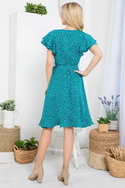 Flurries of Dots Print Faux Wrap Dress - Teal