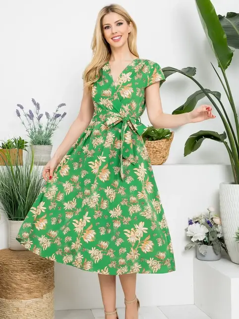 Vintage Floral Print Dress - Green