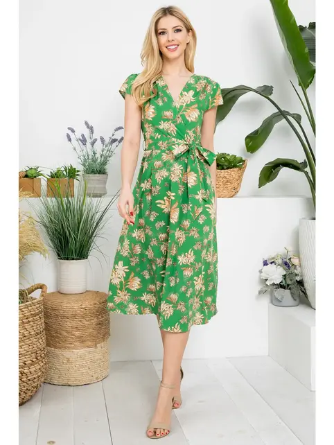 Vintage Floral Print Dress - Green