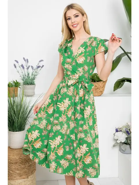 Vintage Floral Print Dress - Green