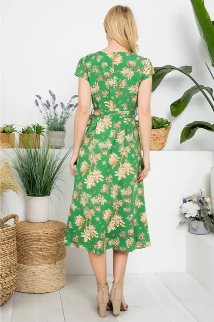 Vintage Floral Print Dress - Green