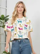 Colorful Dog Print Crop Top - White