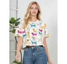 Colorful Dog Print Crop Top - White
