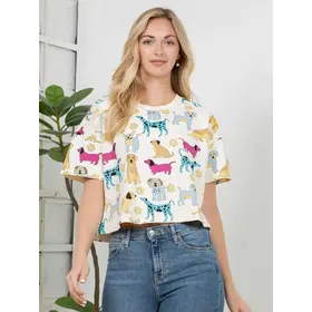 Colorful Dog Print Crop Top - White