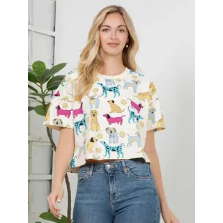 Colorful Dog Print Crop Top - White