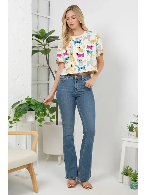 Colorful Dog Print Crop Top - White