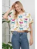 Colorful Dog Print Crop Top - White
