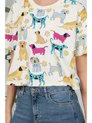 Colorful Dog Print Crop Top - White