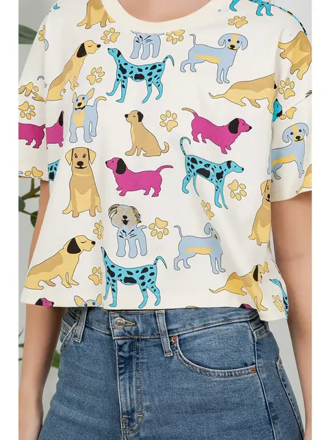 Colorful Dog Print Crop Top - White