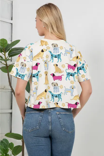 Colorful Dog Print Crop Top - White
