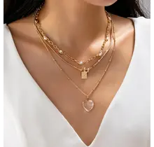 Multi Layered Rhinestone Heart Charm Necklace | 80N92691