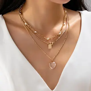 Multi Layered Rhinestone Heart Charm Necklace | 80N92691