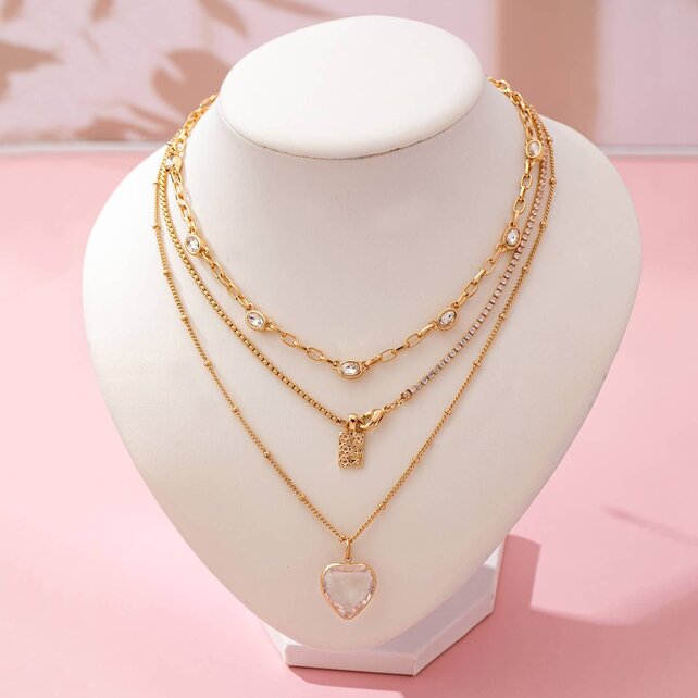 Multi Layered Rhinestone Heart Charm Necklace | 80N92691
