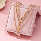 Multi Layered Rhinestone Heart Charm Necklace | 80N92691