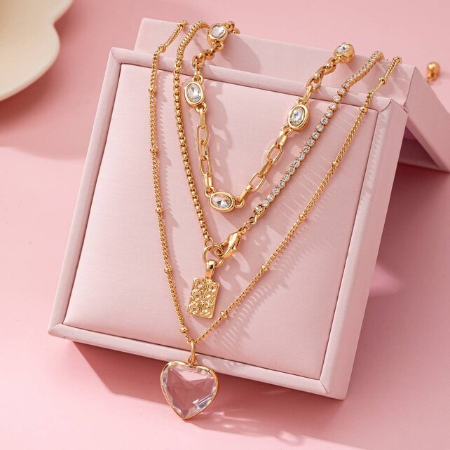 Multi Layered Rhinestone Heart Charm Necklace | 80N92691
