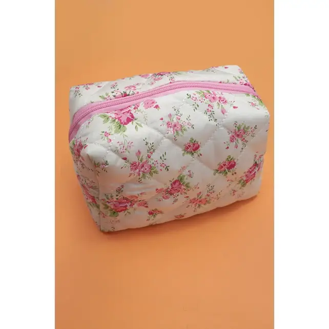 Floral Toile Pattern Makeup Cosmetic Pouch Bag - Pink Flowers