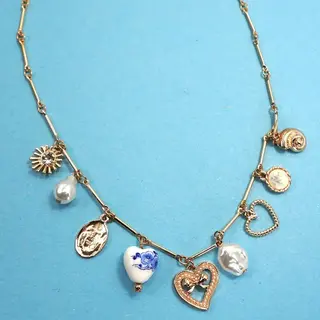 Charm Necklace-Ceramic Porcelain Heart Pearl | 80N91553 - Blue