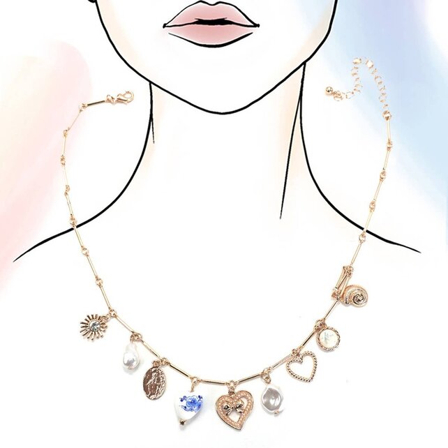 Charm Necklace-Ceramic Porcelain Heart Pearl | 80N91553 - Blue